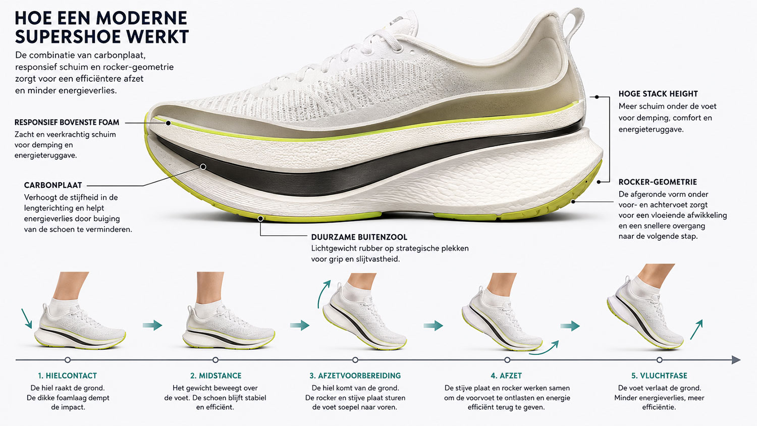 Doorsnede van een moderne supershoe met carbonplaat, responsief foam, rocker en hoge middenzool.